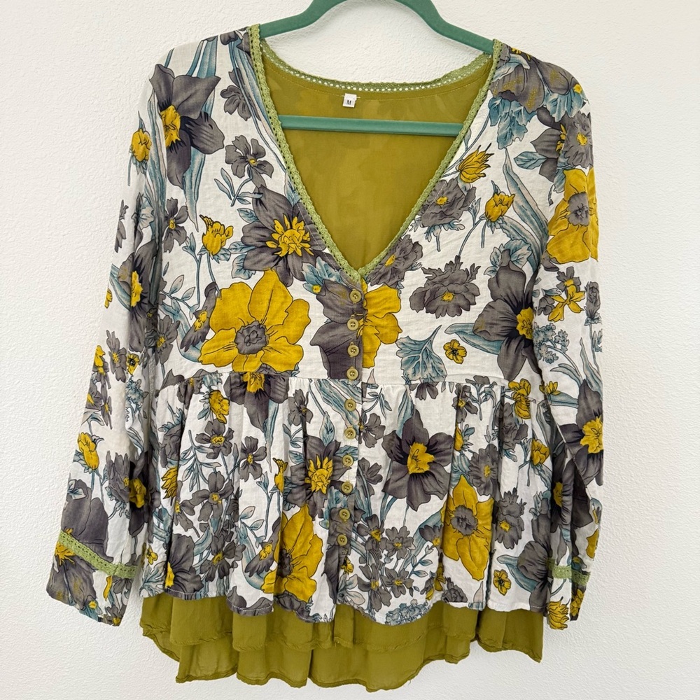 Women’s Long Sleeve Layered Peplum V-Neck Lagenlook Floral Shirt Art to Wear M